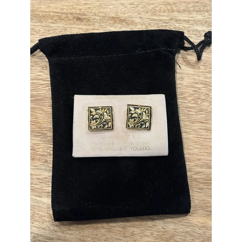 VTG DAMASCENE Madrid Spain Toledo 24k Gold Encrusted Lily Flower Earrings